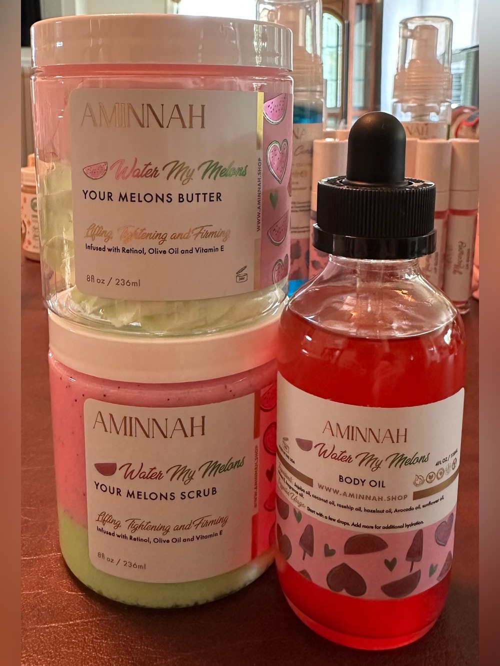 AMINNAH “Water My Melons” Set/3 Lifting & Firming Scrub, Body Butter and Oil NEW
